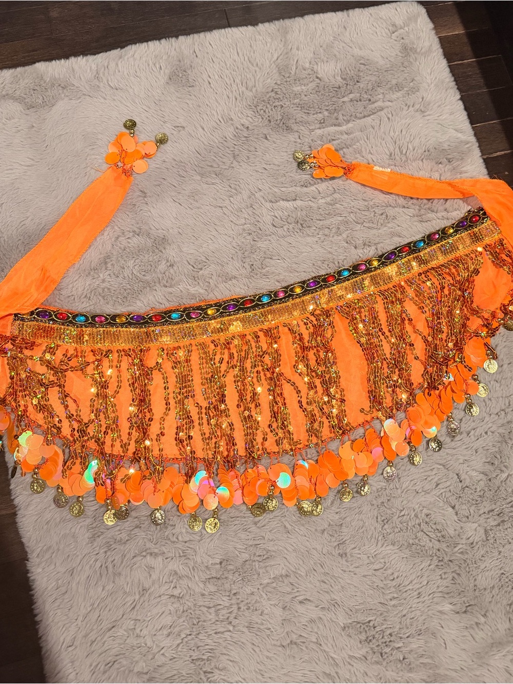 Amazon Orange Sequin Fringe Belly Dance Hip Scarf with Multicolor Gem Trim